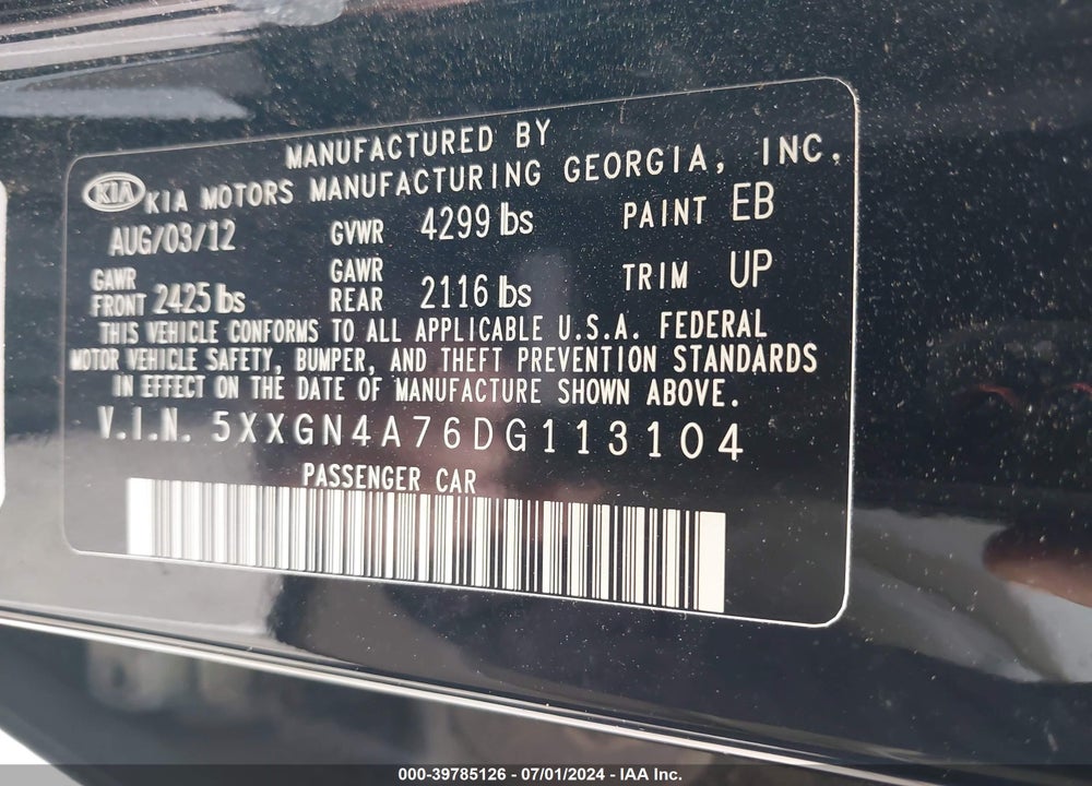 2013 KIA OPTIMA EX VIN: 5XXGN4A76DG113104