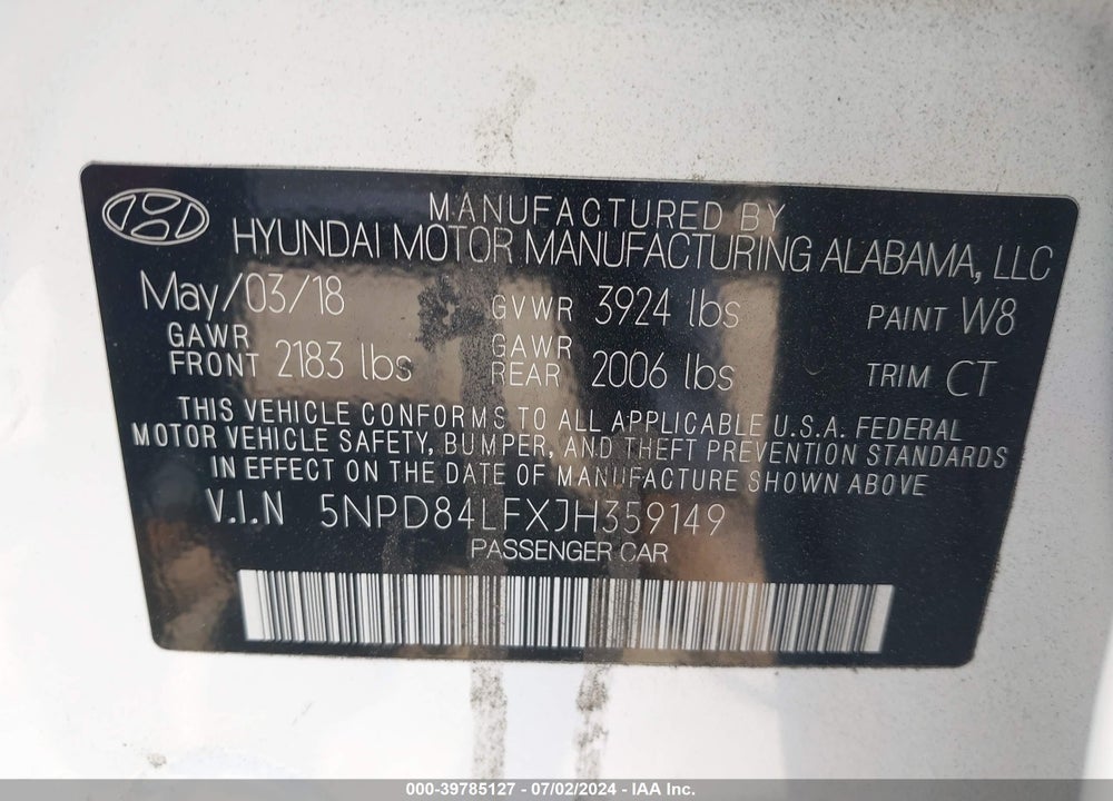 2018 HYUNDAI ELANTRA SEL VIN: 5NPD84LFXJH359149
