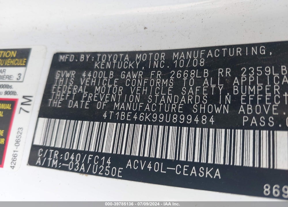 2009 TOYOTA CAMRY SE VIN: 4T1BE46K99U899484