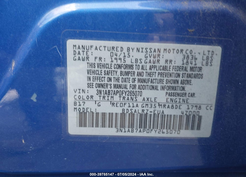 2015 NISSAN SENTRA SR VIN: 3N1AB7AP0FY265070