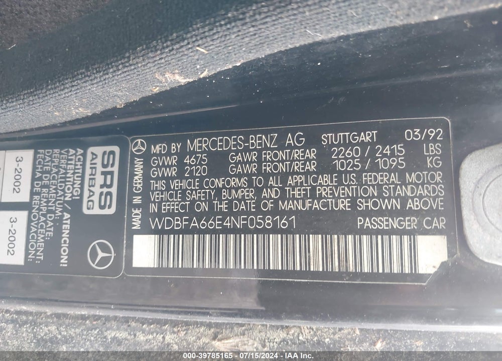 1992 MERCEDES-BENZ 500 SL VIN: WDBFA66E4NF058161