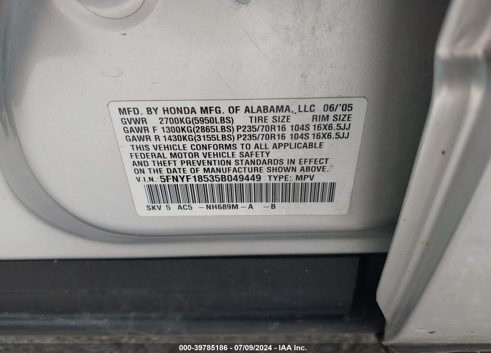 2005 HONDA PILOT EX-L VIN: 5FNYF18535B049449