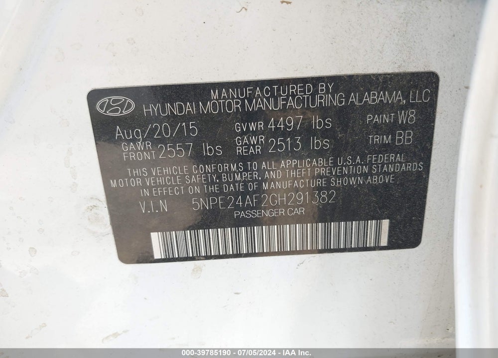 2016 HYUNDAI SONATA SE VIN: 5NPE24AF2GH291382
