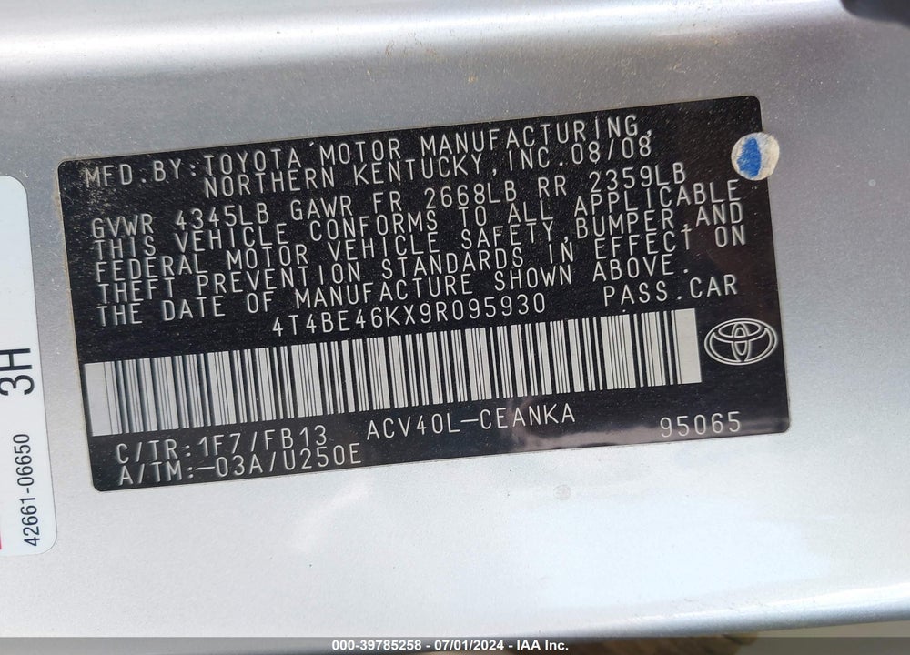 2009 TOYOTA CAMRY LE VIN: 4T4BE46KX9R095930