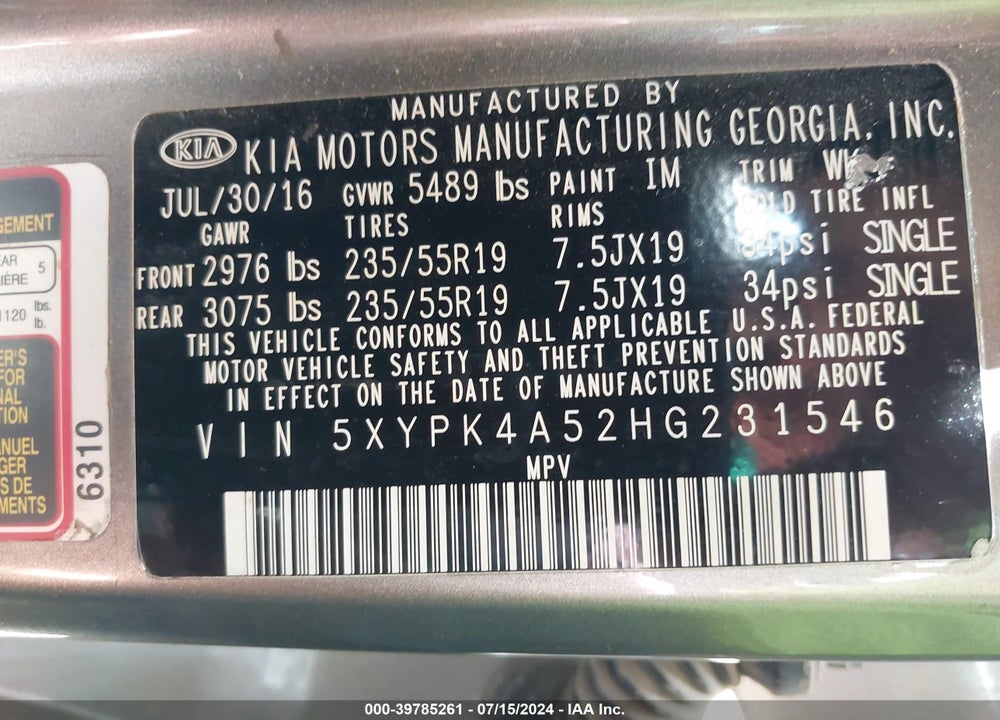 2017 KIA SORENTO 3.3L SX VIN: 5XYPK4A52HG231546