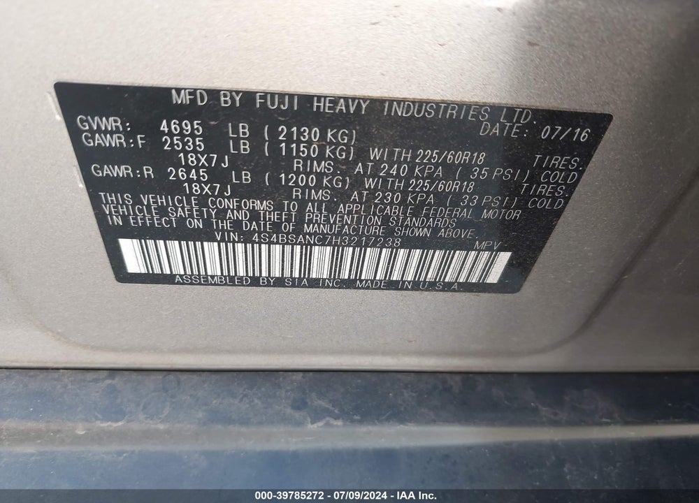 2017 SUBARU OUTBACK 2.5I LIMITED VIN: 4S4BSANC7H3217238