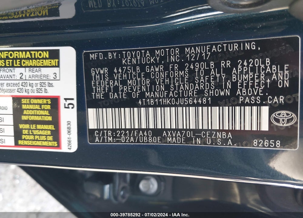 2018 TOYOTA CAMRY LE VIN: 4T1B11HK0JU564481