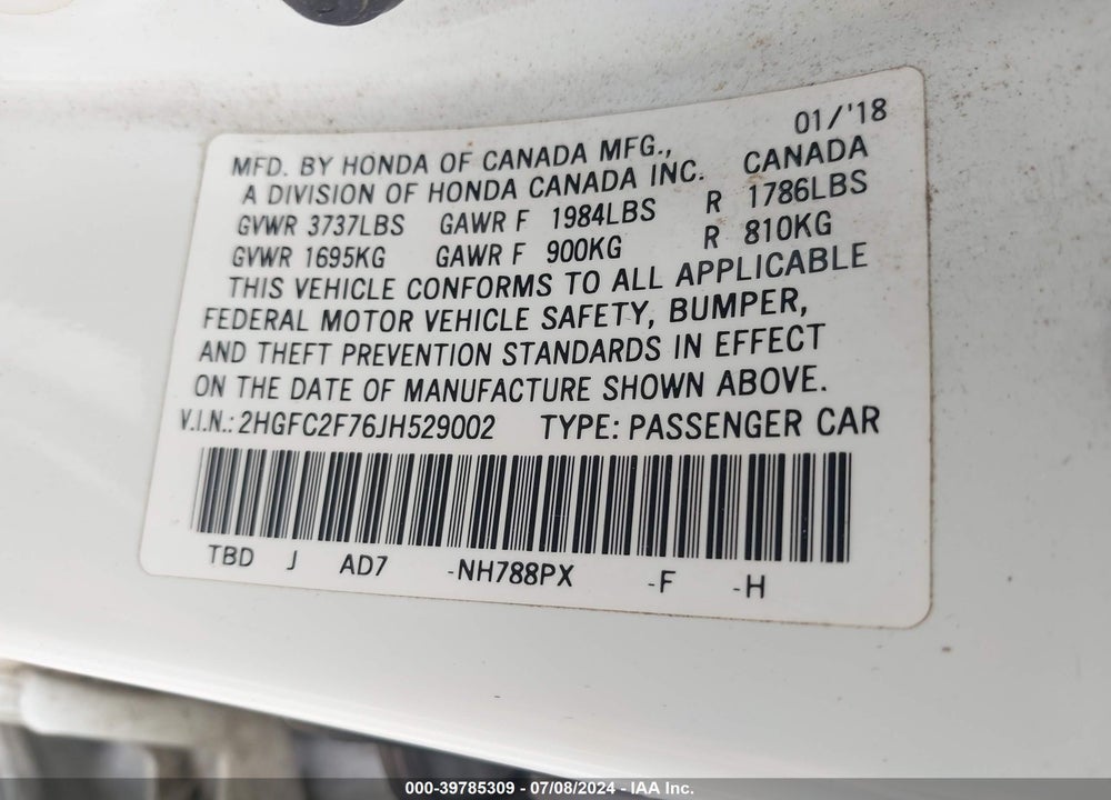 2018 HONDA CIVIC EX VIN: 2HGFC2F76JH529002