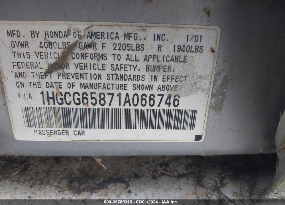 2001 HONDA ACCORD 2.3 EX VIN: 1HGCG65871A066746