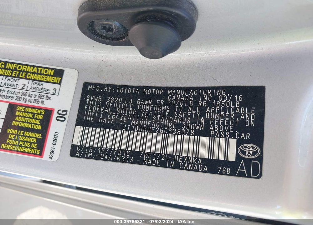 2016 TOYOTA COROLLA LE VIN: 2T1BURHE2GC638378