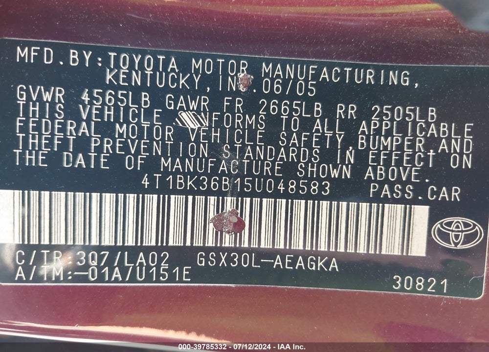 2005 TOYOTA AVALON XLS VIN: 4T1BK36B15U048583