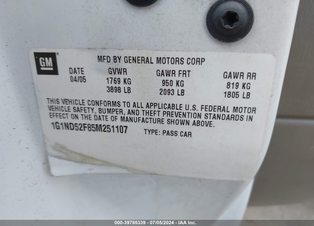 2005 CHEVROLET CLASSIC VIN: 1G1ND52F85M251107