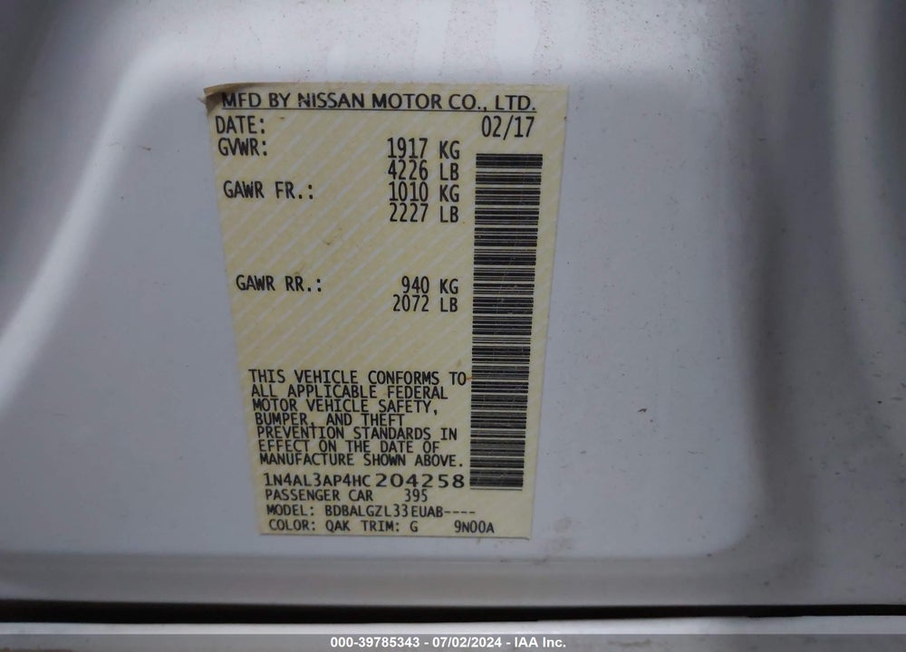 2017 NISSAN ALTIMA 2.5 S VIN: 1N4AL3AP4HC204258