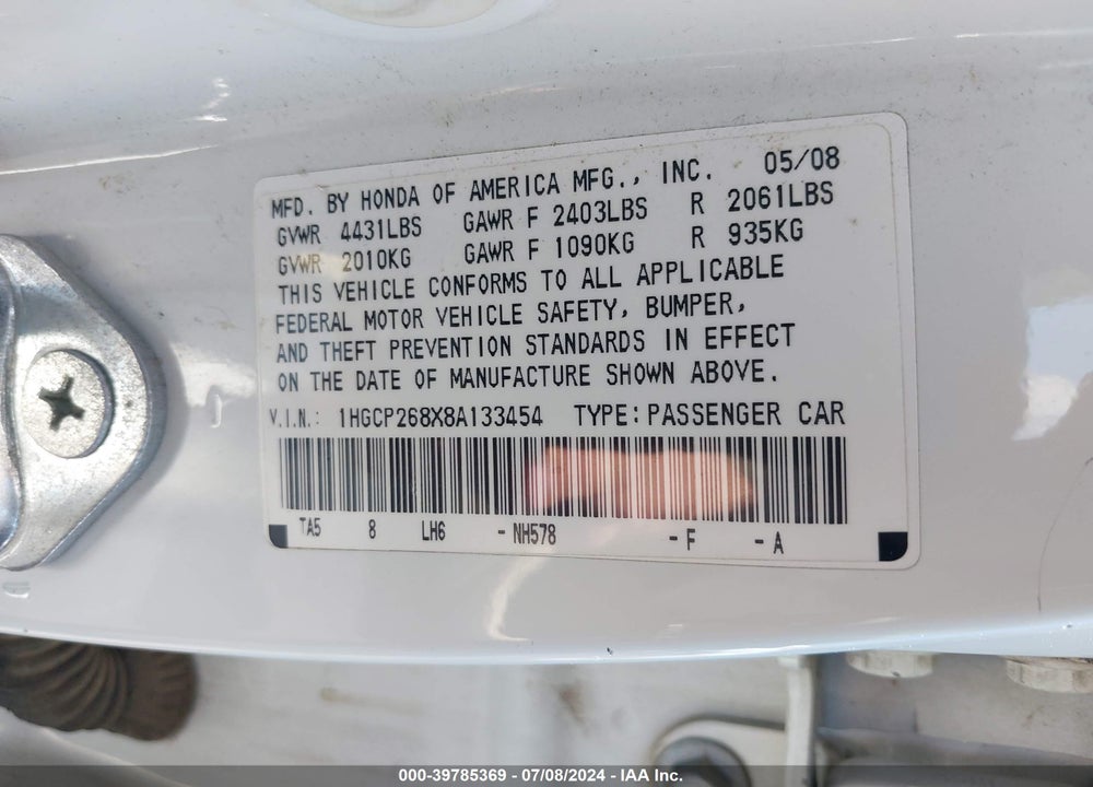 2008 HONDA ACCORD 2.4 EX-L VIN: 1HGCP268X8A133454