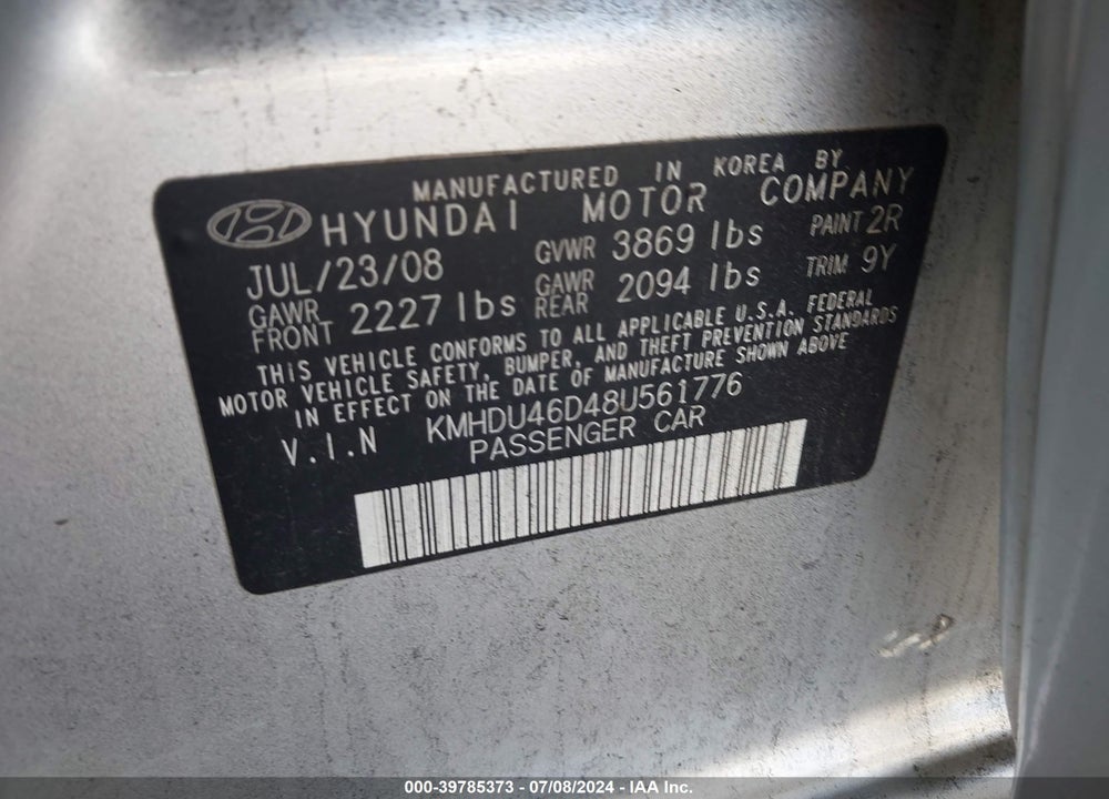 2008 HYUNDAI ELANTRA GLS/SE VIN: KMHDU46D48U561776
