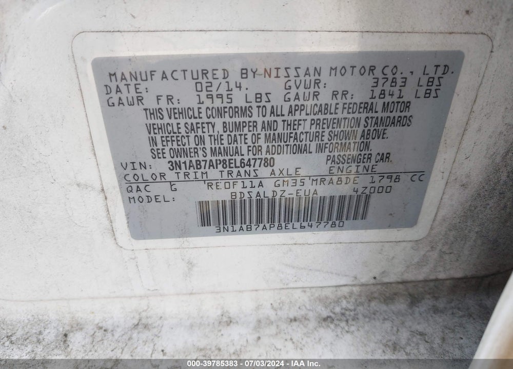 2014 NISSAN SENTRA VIN: 3N1AB7AP8EL647780