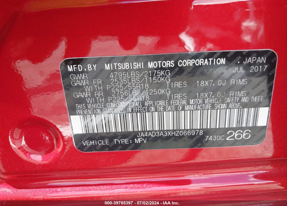 2017 MITSUBISHI OUTLANDER SE VIN: JA4AD3A3XHZ066978