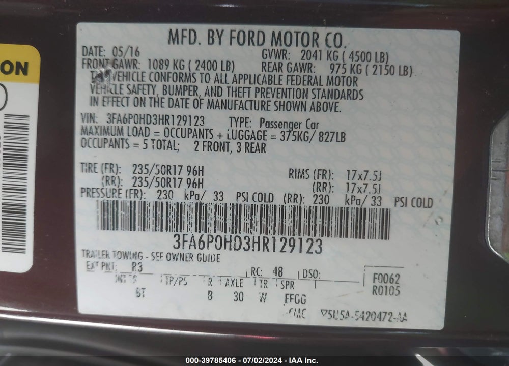 2017 FORD FUSION SE VIN: 3FA6P0HD3HR129123