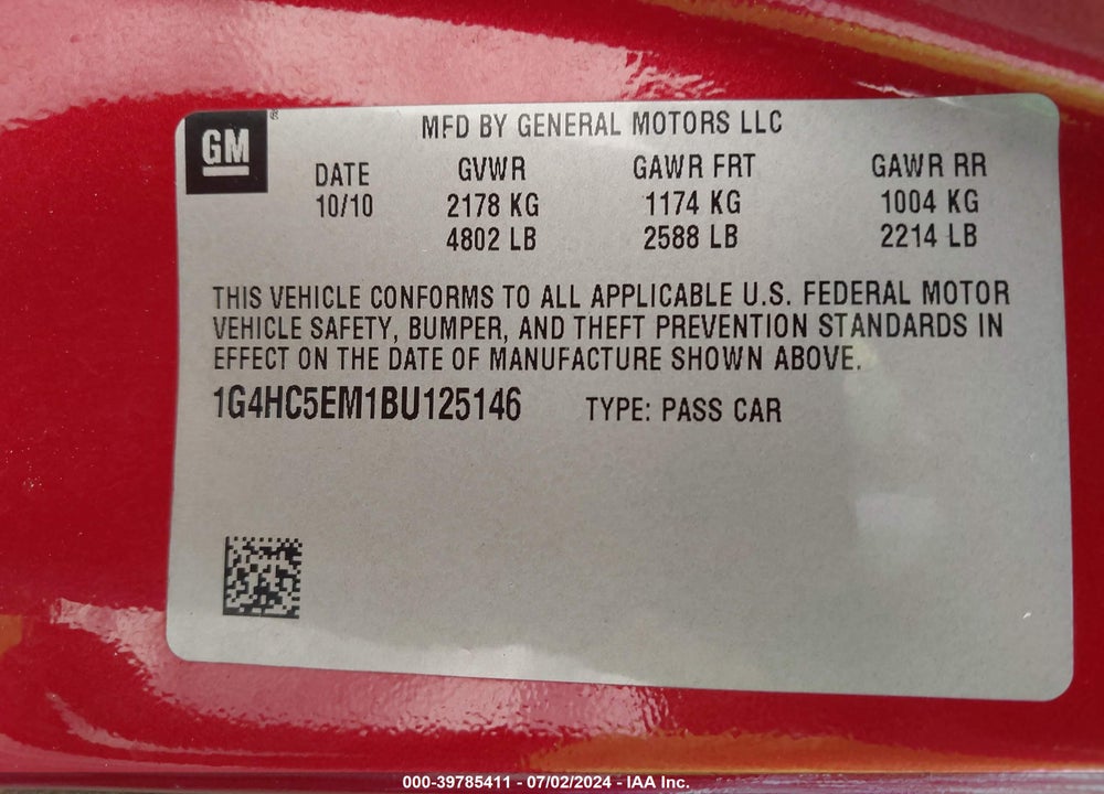 2011 BUICK LUCERNE CXL VIN: 1G4HC5EM1BU125146
