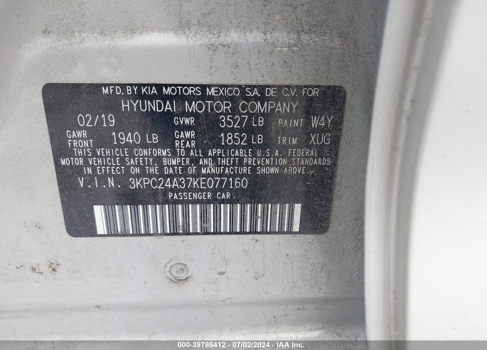 2019 HYUNDAI ACCENT SE VIN: 3KPC24A37KE077160