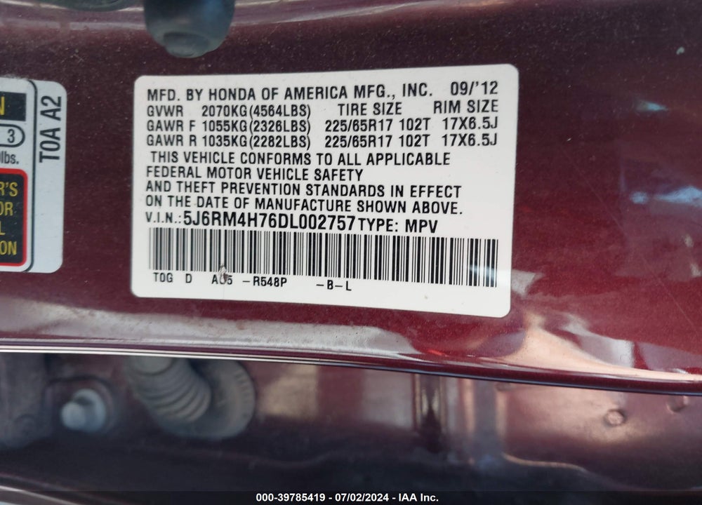 2013 HONDA CR-V EX-L VIN: 5J6RM4H76DL002757