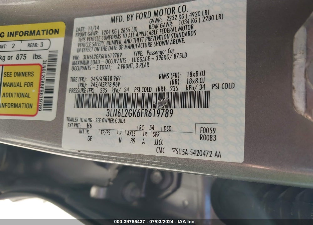2015 LINCOLN MKZ VIN: 3LN6L2GK6FR619789