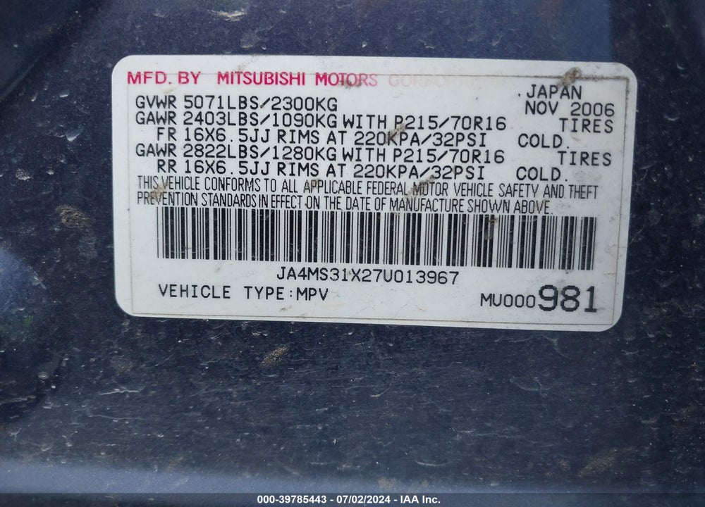 2007 MITSUBISHI OUTLANDER ES/LS VIN: JA4MS31X27U013967