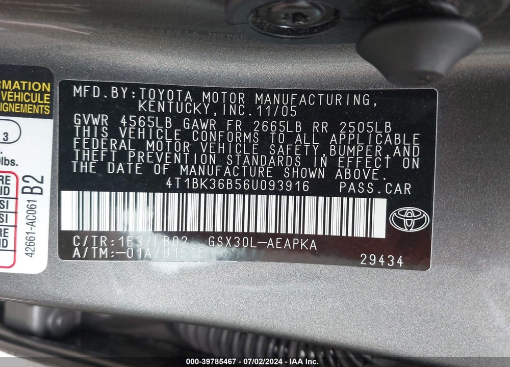 2006 TOYOTA AVALON LIMITED VIN: 4T1BK36B56U093916