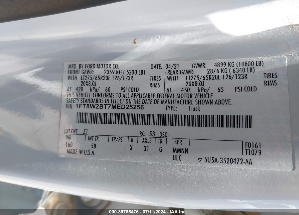 2021 FORD F-250 LARIAT VIN: 1FT8W2BT7MED25256