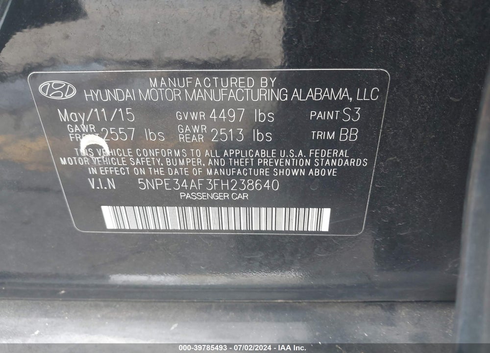2015 HYUNDAI SONATA SPORT VIN: 5NPE34AF3FH238640