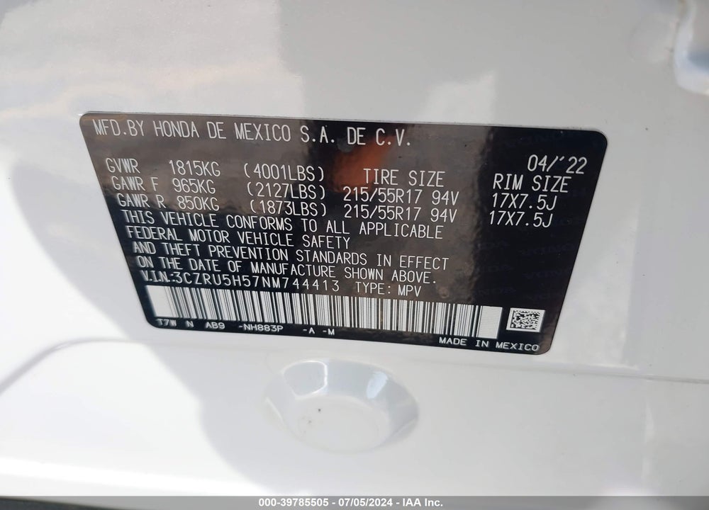 2022 HONDA HR-V 2WD EX VIN: 3CZRU5H57NM744413