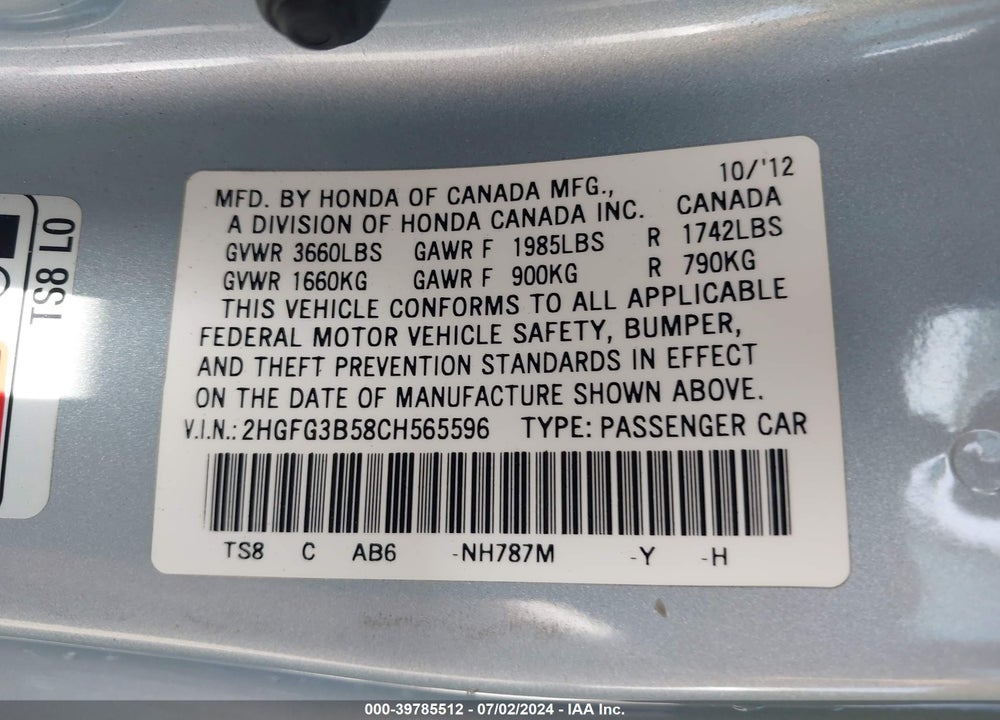 2012 HONDA CIVIC LX VIN: 2HGFG3B58CH565596