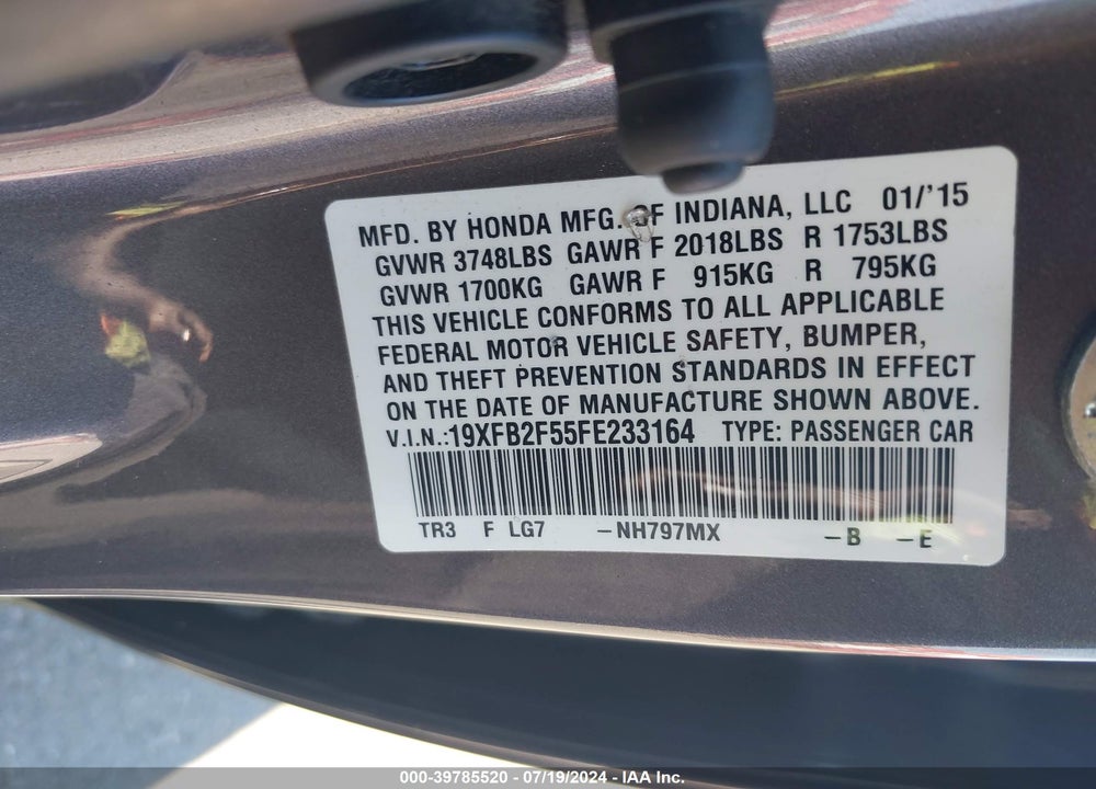 2015 HONDA CIVIC LX VIN: 19XFB2F55FE233164