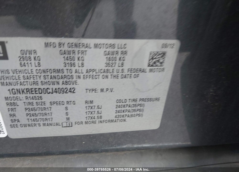 2012 CHEVROLET TRAVERSE LS VIN: 1GNKREED0CJ409242