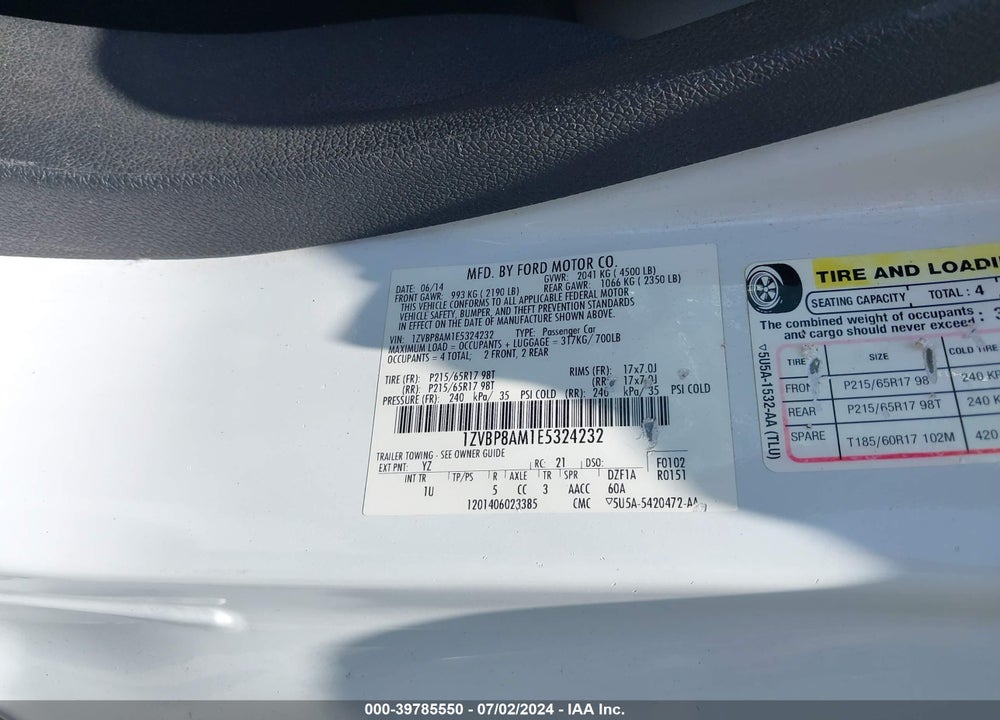 2014 FORD MUSTANG V6 VIN: 1ZVBP8AM1E5324232