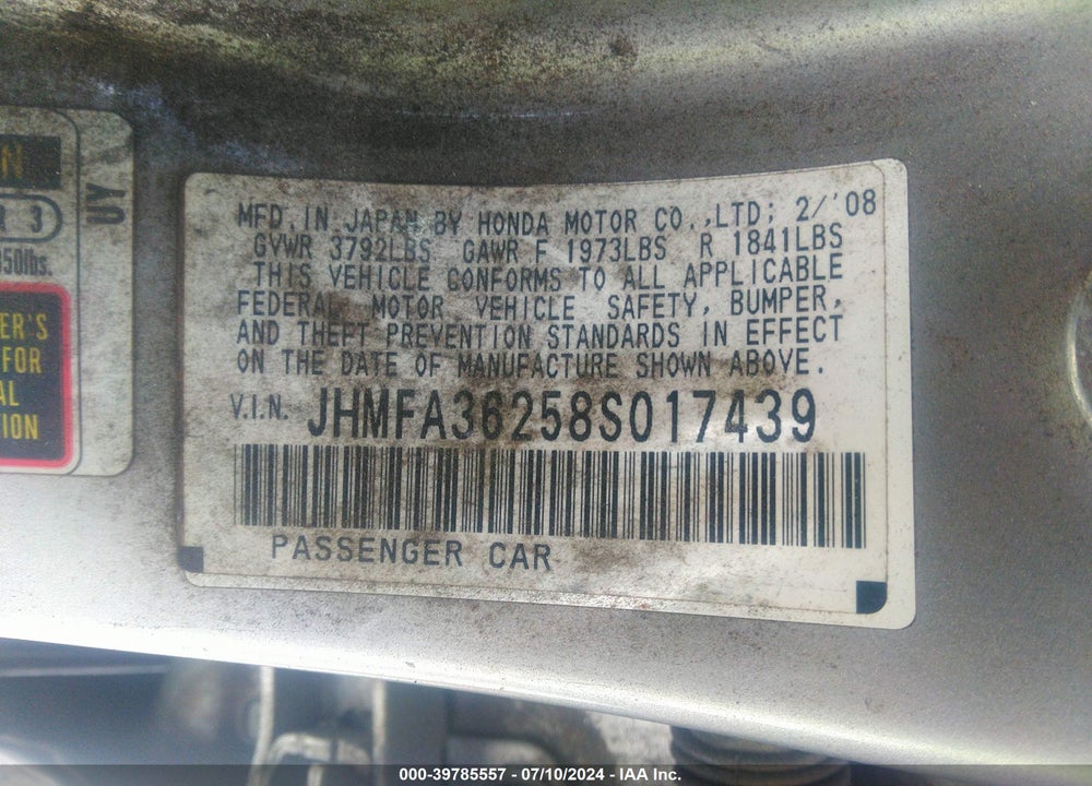 2008 HONDA CIVIC HYBRID VIN: JHMFA36258S017439