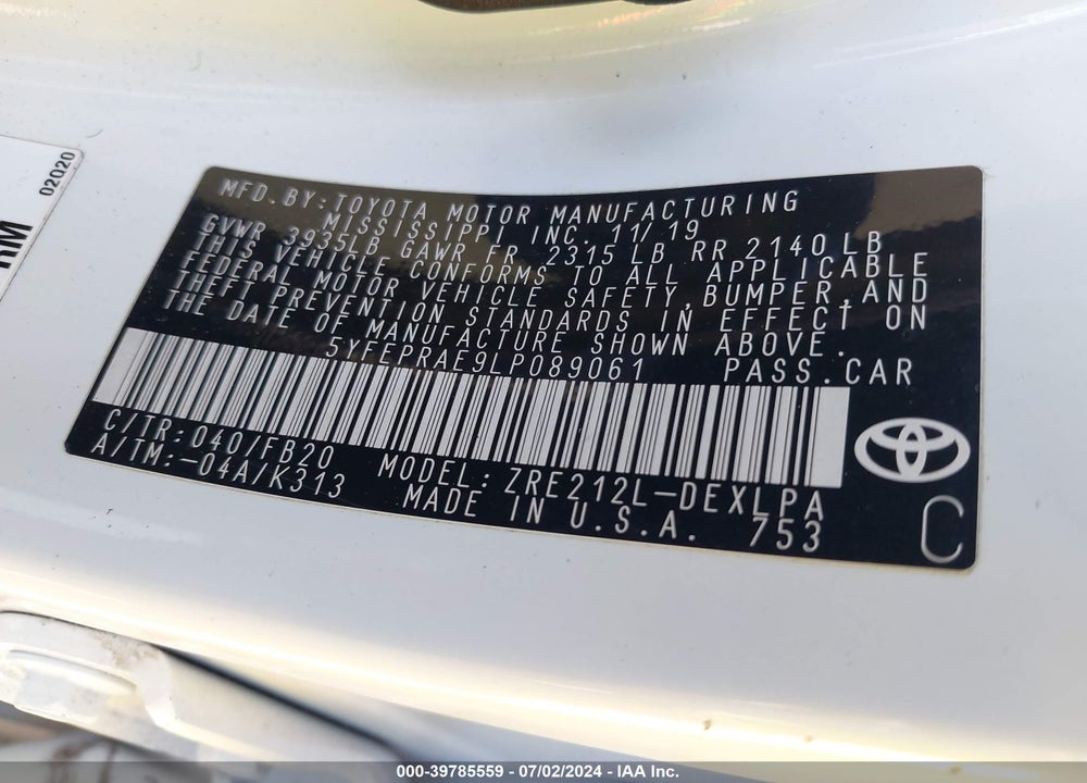 2020 TOYOTA COROLLA LE VIN: 5YFEPRAE9LP089061