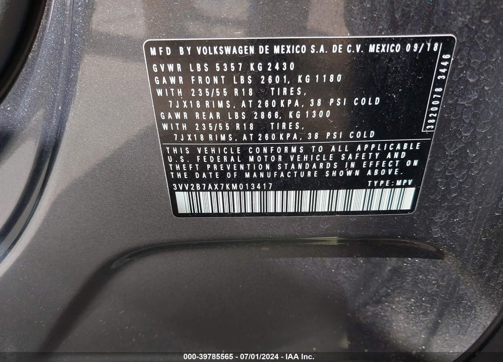 2019 VOLKSWAGEN TIGUAN 2.0T SE/2.0T SEL/2.0T SEL R-LINE/2.0T SEL R-LINE BLACK VIN: 3VV2B7AX7KM013417