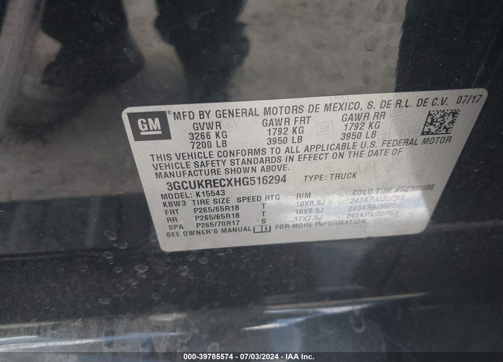 2017 CHEVROLET SILVERADO 1500 2LT VIN: 3GCUKRECXHG516294