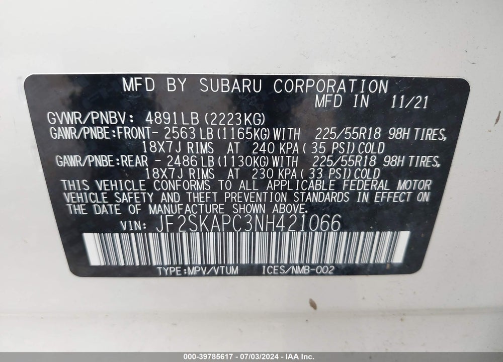 2022 SUBARU FORESTER LIMITED VIN: JF2SKAPC3NH421066