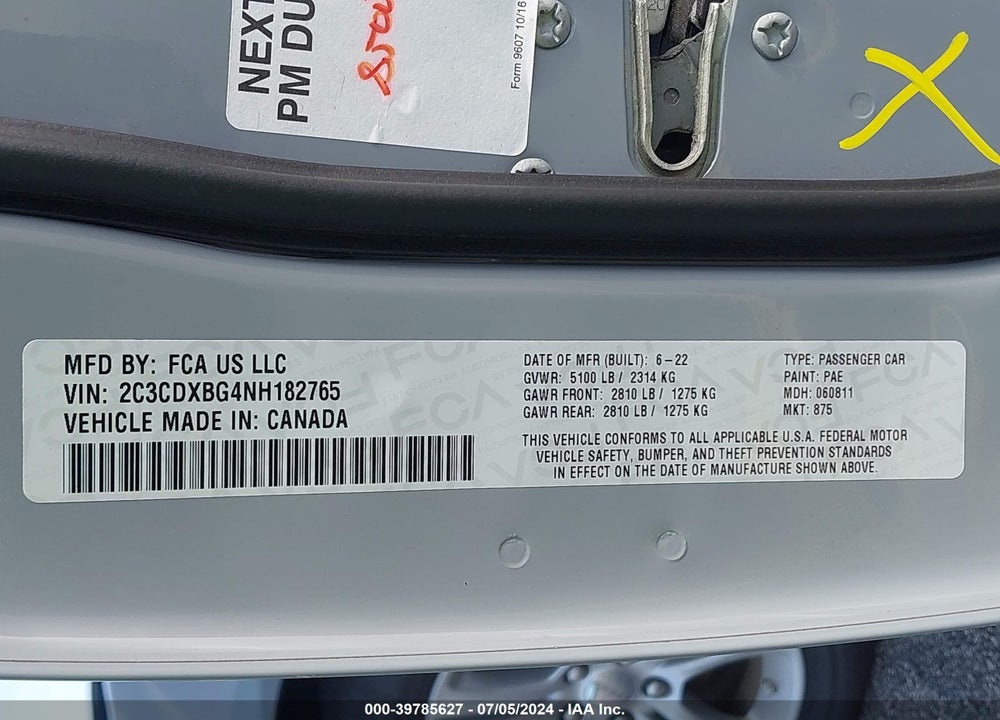 2022 DODGE CHARGER SXT RWD VIN: 2C3CDXBG4NH182765