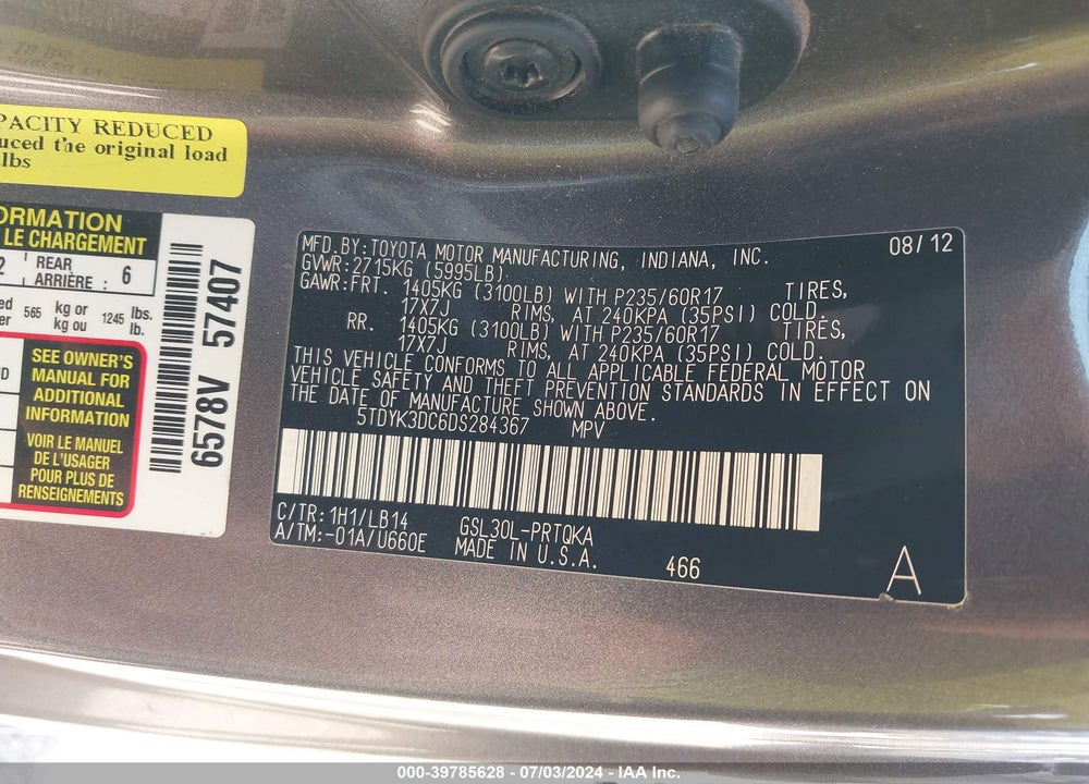2013 TOYOTA SIENNA XLE V6 8 PASSENGER VIN: 5TDYK3DC6DS284367