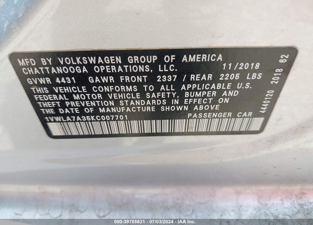 2019 VOLKSWAGEN PASSAT 2.0T WOLFSBURG EDITION VIN: 1VWLA7A35KC007701