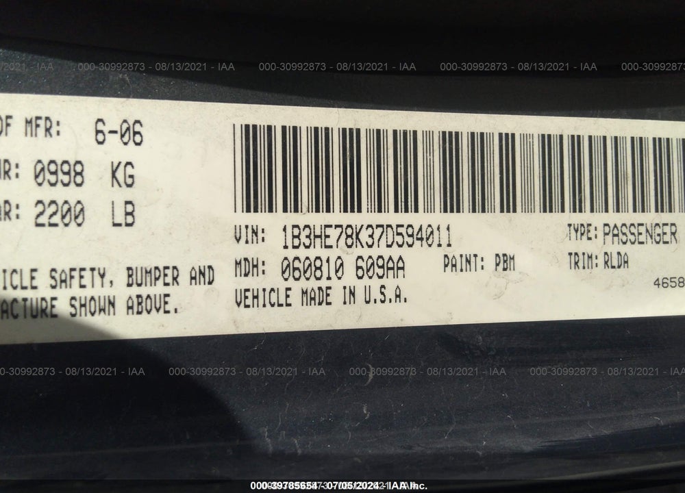 2007 DODGE CALIBER R/T VIN: 1B3HE78K37D594011