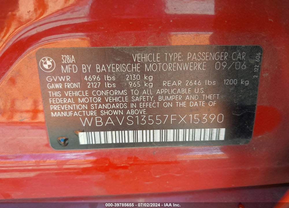 2007 BMW 328I VIN: WBAVS13557FX15390