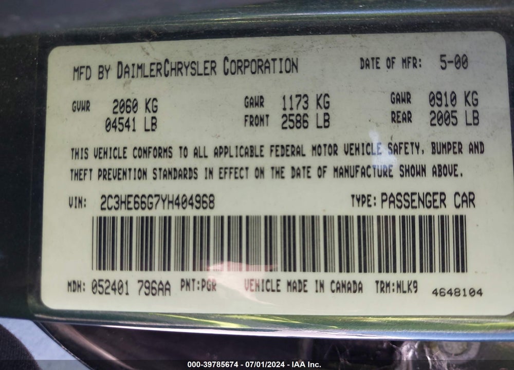 2000 CHRYSLER 300M VIN: 2C3HE66G7YH404968