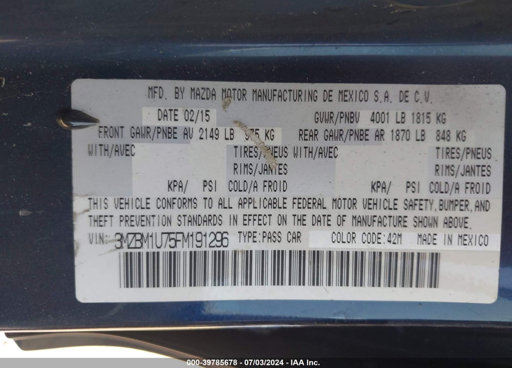 2015 MAZDA 3 I SPORT VIN: 3MZBM1U75FM191296