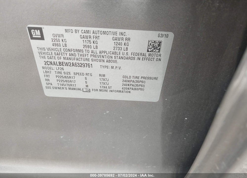 2010 CHEVROLET EQUINOX LS VIN: 2CNALBEW2A6329761