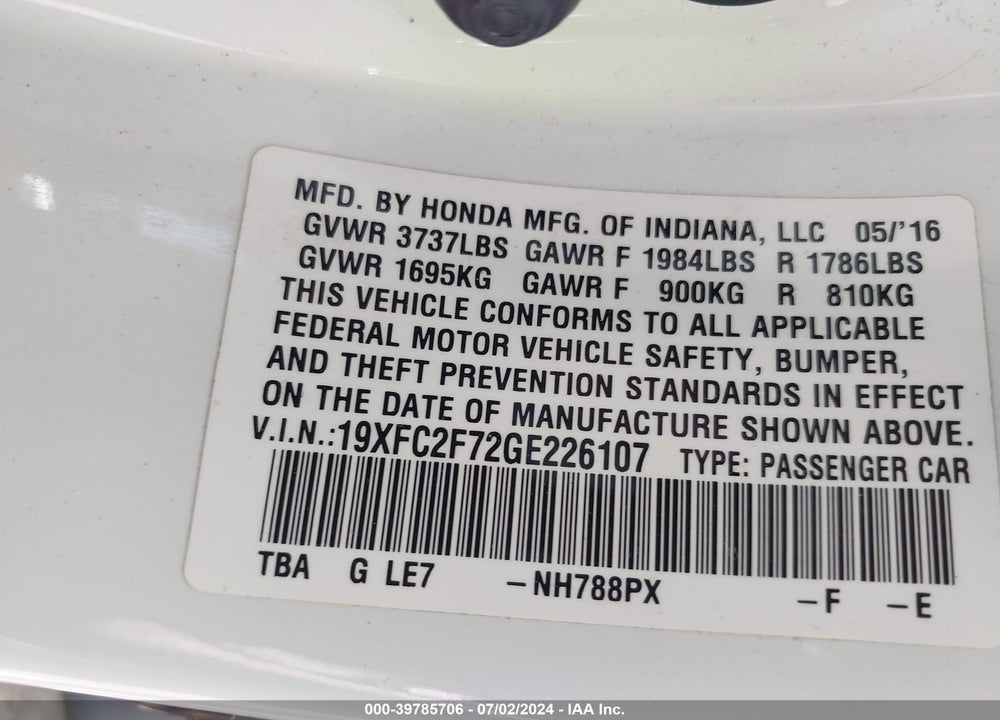 2016 HONDA CIVIC EX VIN: 19XFC2F72GE226107