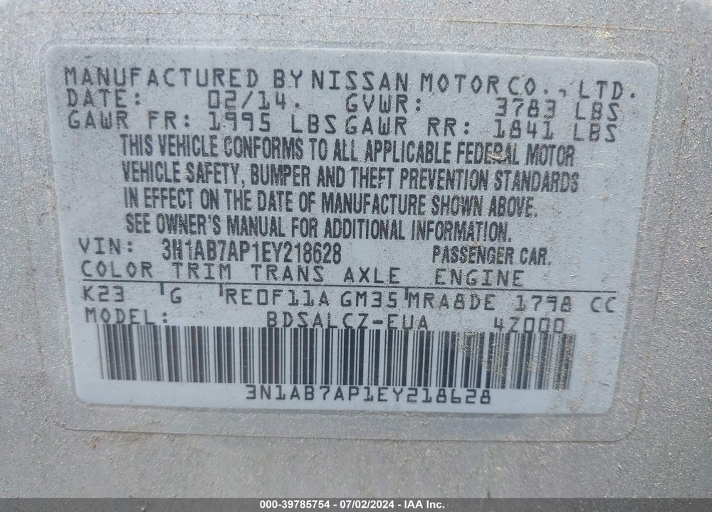 2014 NISSAN SENTRA S VIN: 3N1AB7AP1EY218628